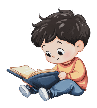 Young boy enjoying a book in a cozy setting png