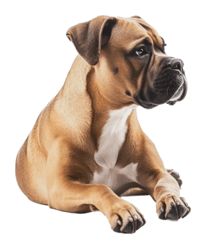 Playful boxer dog relaxing in a cozy setting png