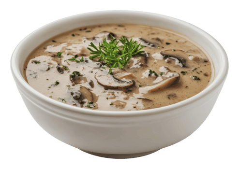 Delicious creamy mushroom soup in a white bowl png