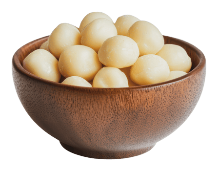Creamy cheese balls in a wooden bowl png