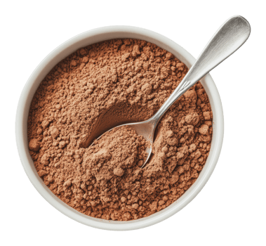Cocoa powder in a bowl with a silver spoon png