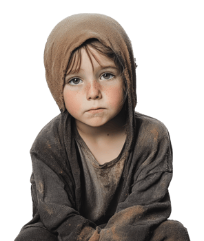 Child in dusty clothes, deep in thought png