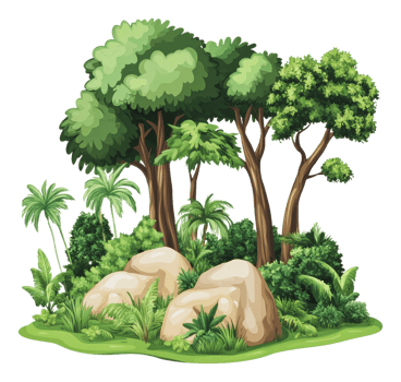 Lush tropical forest landscape with large rocks png
