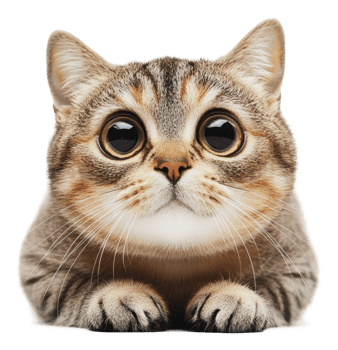 Cute feline with large eyes lying on a surface png