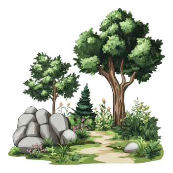 Green landscape with trees and stones in nature png