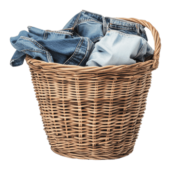Woven basket filled with denim clothing items png