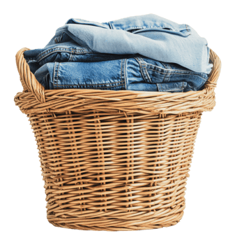 Laundry basket filled with folded denim clothes png