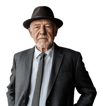 Confident older man in suit and hat png