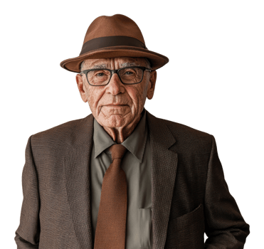 Senior man in a hat and suit poses confidently png