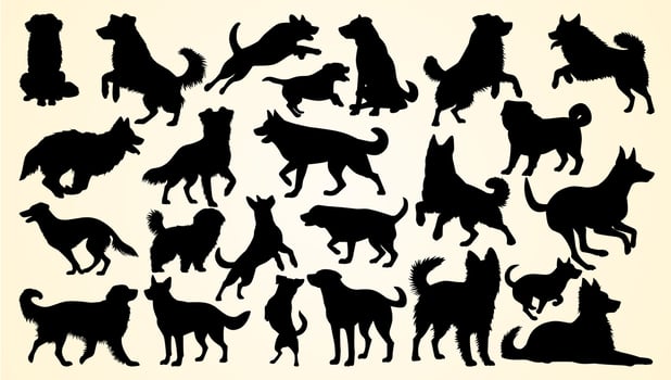 Silhouettes of dogs in various poses, capturing playful, active, and attentive behaviors. vector