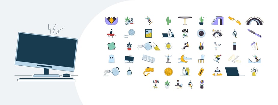 404 error cozy lifestyle cartoon flat illustrations mega bundle. Diverse people taking break 2D images isolated on white. Plant, weather, cat, ghost. Stationery still life collection colorful vector