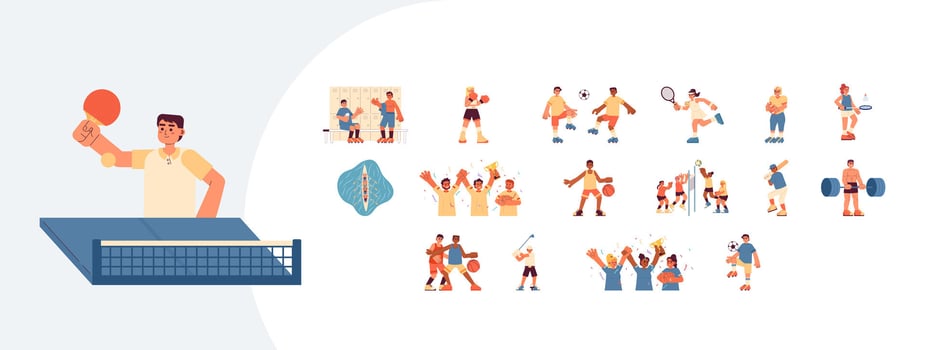 Competitive sport playing cartoon flat illustrations mega bundle. Boxing, soccer, tennis, badminton, baseball, basketball 2D images isolated on white. Diverse athletes collection colorful vector