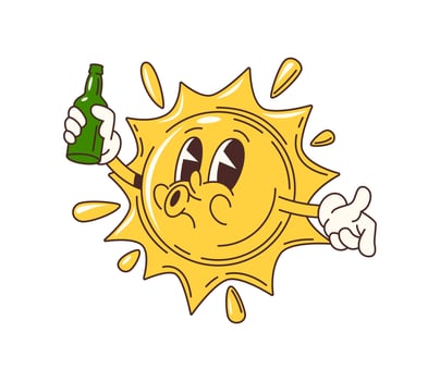 Cartoon groovy sun character with drink bottle vector