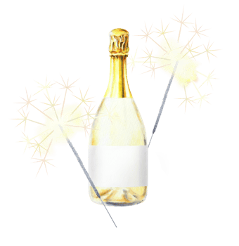 Watercolor hand drawn illustration featuring a champagne bottle with golden foil and two lit sparklers with golden sparkling effects. Perfect for Christmas, holiday, festive and special occasion theme png