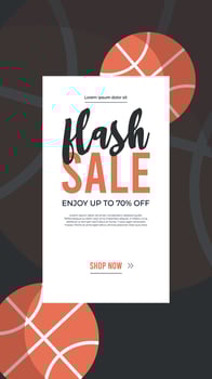 Background for Sport shopping sale.Vertical sport social media stories template.Basketball banners,illustrations with ball.Event invitation,ad.Special offer text on ribbon. vector