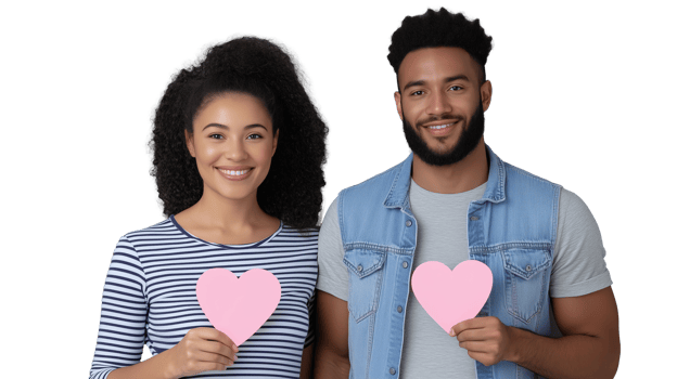 Smiling Couple Holding Pink Hearts on Transparent Background png