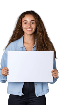 Smiling young woman holding blank sign on transparent background png