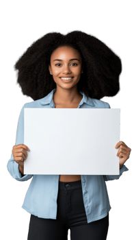 Smiling woman holding a blank sign on transparent background png