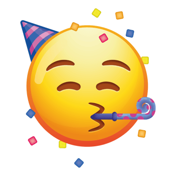 A festive partying emoji face with a party hat and blowing confetti, expressing joy and celebration with bright yellow colors. png