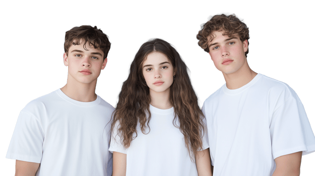 Group of three young people in white shirts on transparent background png