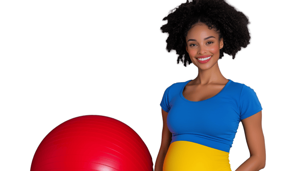 Pregnant woman smiling with exercise ball on transparent background png