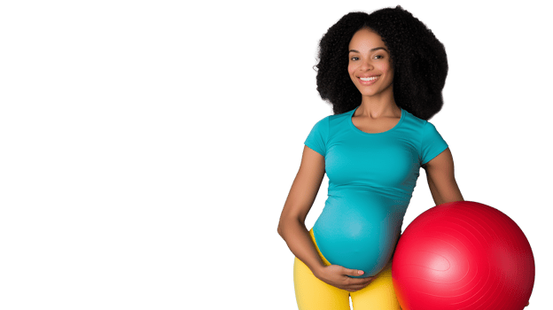 Pregnant woman in teal top holding red exercise ball with transparent background png