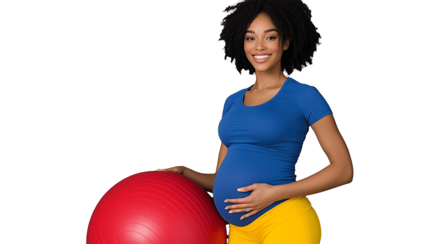 Pregnant woman smiling with exercise ball on transparent background png