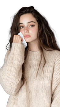 Young woman with tissue, wearing cozy sweater, on transparent background png