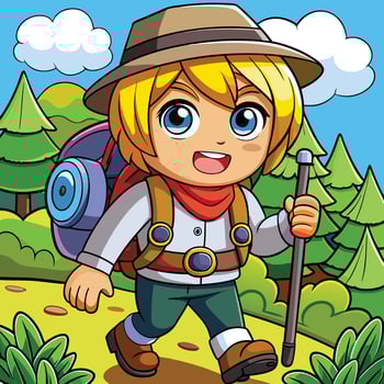 A cartoon boy with a backpack and hat walking through the woods vector