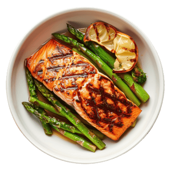 grilled salmon and asparagus in a bowl top view isolate on transparency background png