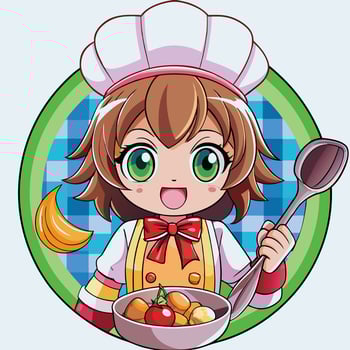 A cartoon girl in a chef's hat holding a bowl of food vector