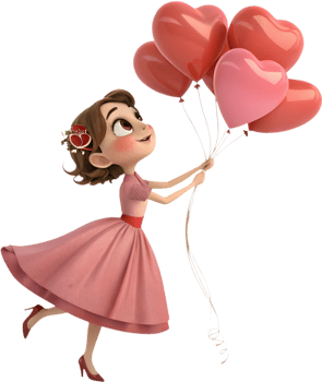 Cartoon Kawaii Girl Valentine Heart Balloon Bouquet Clipart Art. . png
