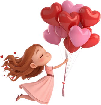 Charming Kawaii Girl Smiling with Valentines Balloon Bouquet Artwork. . png