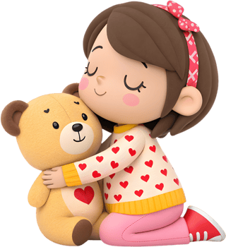 Lovely Cartoon Kawaii Girl Poses Holding Giant Teddy Bear. . png