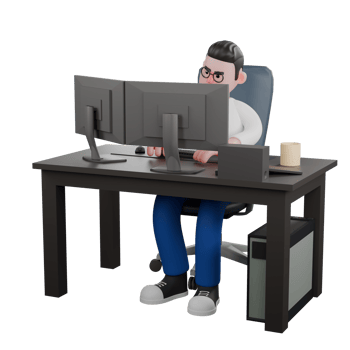 Editor 3D Cartoon Design. A male editor sits with two computers on a table while typing on the keyboard with both hands . Illustration Character png