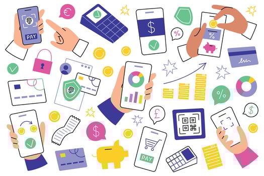 illustration set of banking and payment icons in flat cartoon style. Smartphones, QR codes, credit cards, savings, charts, and security elements for finance and fintech concepts vector