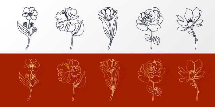 Set of Flowers with Leaves in One Continuous Art Line Style. Hand drawn spring herbs and plants with Gold colors and red background. Abstract floral sketch in one continuous line drawing. Perfect as a vector