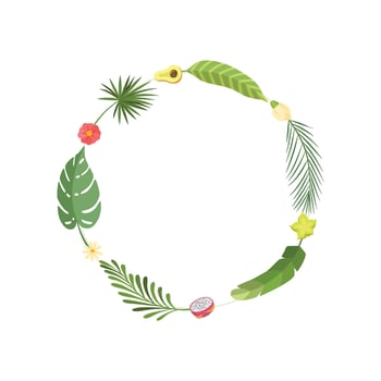 Tropical Leaves and Flowers Elegant Frame with Place for Your Text, Banner, Tropic Rainforest Foliage Border, Poster, Wedding Invitation, Summer Greeting Card Design Element Illustration vector