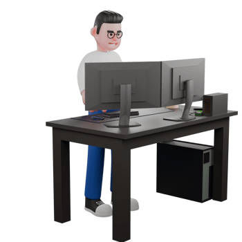 Editor in Cartoon Style 3D Model Illustration. A Male Editor stands behind a desk with two computers on it, multitasking expression. Design Character png