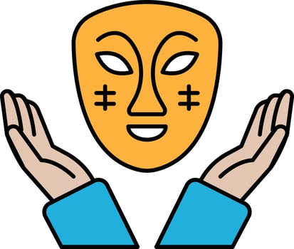 A cartoon of a face with a mask on it and two hands holding it vector
