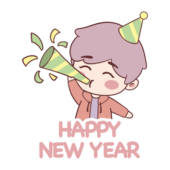 Hand-drawn illustration of a cute little boy blowing a trumpet, and a happy new year text, perfect for stickers, greeting cards, new year celebration decorations, etc. png
