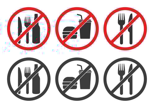 Do not eat or drink sign symbol icon set. No eating or drinking logo collection. Prohibition, prohibited, not allowed, ban, forbidden. illustration image. Isolated on white background. vector