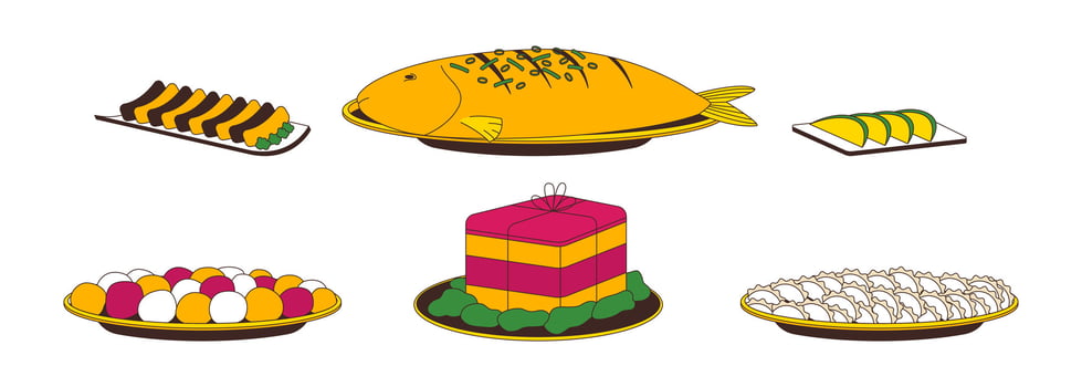 Chinese New Year foods 2D cartoon objects set. Steamed whole fish, spring rolls, tangyuan, dumplings isolated elements flat cliparts on white background. Spot illustrations collection vector