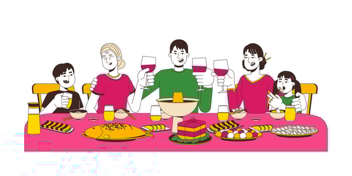 Chinese family reunion dinner 2D cartoon characters. Meal on spring festival. Asian parents with children toasting glasses isolated people flat on white background. Spot illustration colorful vector