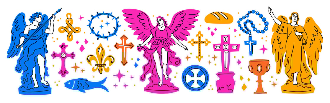 Christianity set of church religious elements. Angel statue, cross, fish symbol of Christ, rosary, tombstone with cross, cup, bread, crown of thorns, set of crosses. vector