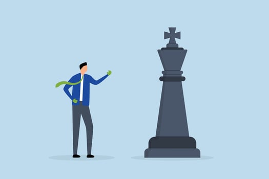 Challenge and strategy to win business competition, entrepreneur with boxing glove battles large chess king. vector