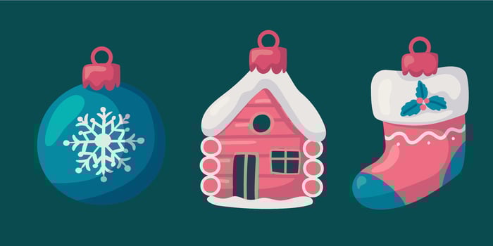 Xmas decorative elements collection. Glass balls, stocking, house, Christmas tree. illustration vector