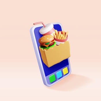 3D tasty burger, red glass with drinking straw, french fries in smartphone. Render cup of cola with fries and cheeseburger in paper bag. Fast food delivery concept. vector