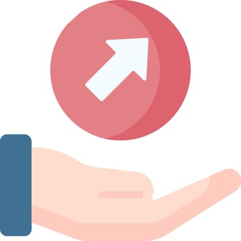 A hand holding a red button with an arrow pointing up vector