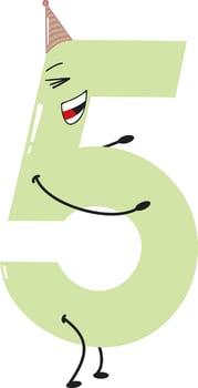 A playful number 5 with a mischievous smile, wearing a party hat and striking a dynamic pose vector